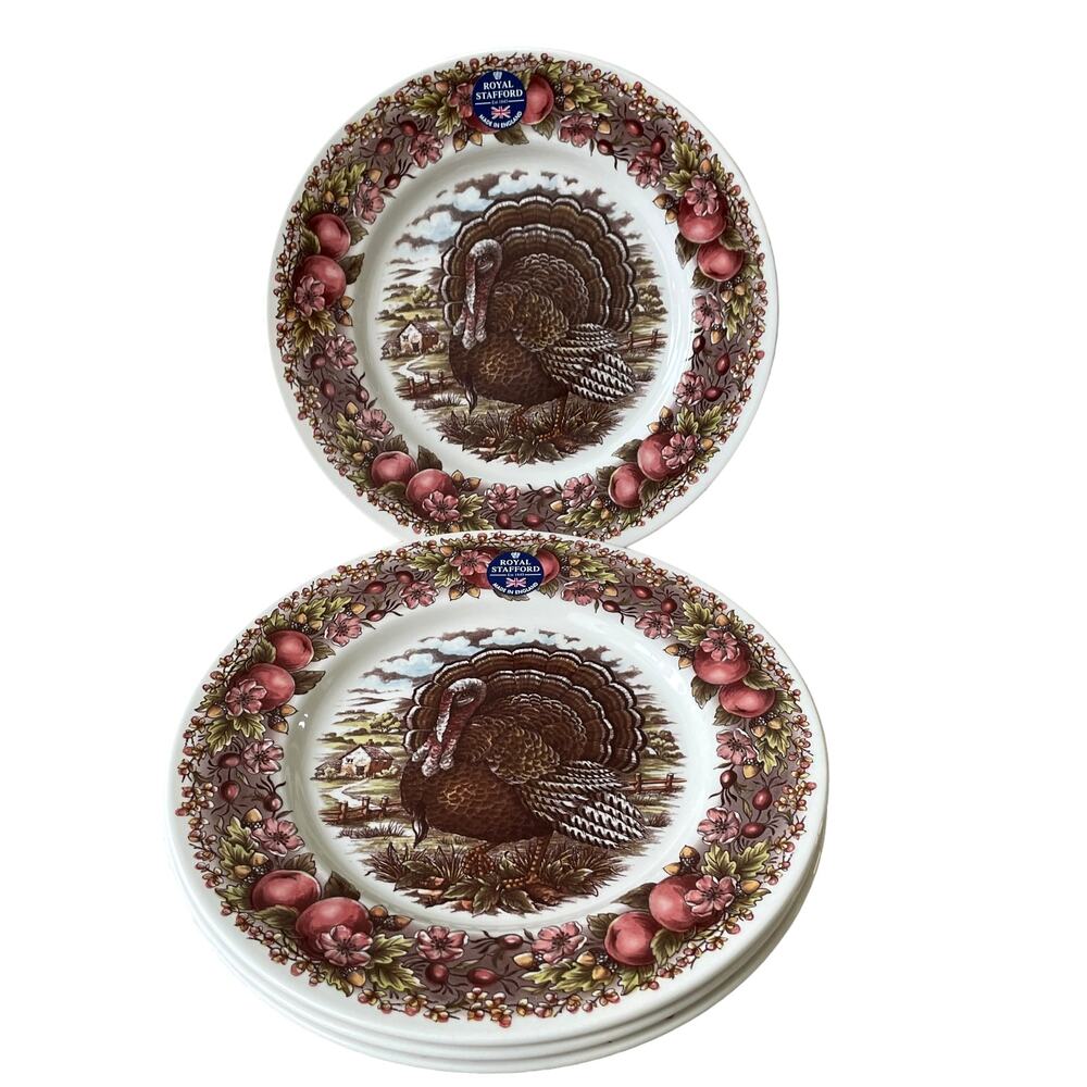 Royal Stafford HARVEST TURKEY Thanksgiving Fall  Dinner Plates 11in Set 4 NEW